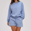 Light blue sweatshirt and shorts set with a loose fit and soft knitted cotton fabric - L / Grey-Blue (Shorts Set)