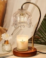 Golden arc aromatherapy candle warmer with petal glass shade and round wood base - Clear Glass Shade + Walnut Color Base / Knob Dimming / US Plug