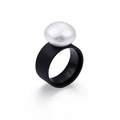 Fashionable black matte stainless steel wide ring featuring a large white pearl inlay - Matte Black 10mm Wide (KR45440-K)