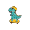 Cartoon green T-Rex dinosaur enamel pin with yellow hat and sunglasses on a skateboard - Skateboarding Green Dinosaur (XZ4463)
