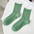Green slouch socks with pink tulip embroidery and rolled cuffs in Morandi green style - One Size / Milky Green