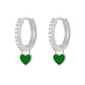 Close-up of silver hoop earrings with clear crystals and green heart pendants - Silver - Dark Green