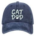 Navy blue washed cotton baseball cap featuring unique Cat Dad embroidery with a paw print - Washed Dark Blue CAT DAD Embroidery Baseball Cap