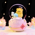 Pink Teddy Bear space crystal ball music box with crown and blue planet interior - 8525 Pink Base / Medium 80# LED Light+Music