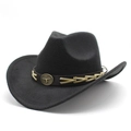 Classic black wool felt cowboy hat featuring a leather band and vintage bull head emblem - M(56-58cm) / Black