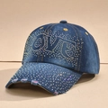 Navy blue denim baseball cap with LOVE rhinestone design and distressed brim details - L (58-60cm) / Dark Color