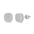 Detailed view of silver square micro-pave zircon earrings with secure screw back closure - Pave Cushion Silver