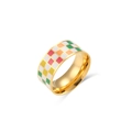18K gold plated stainless steel ring with colorful enamel checkerboard pattern - Colorful