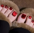 Close-up of deep red cat-eye effect toenail patches with luxury aurora glitter finish - FW71-Deep Red Cat-eye Style (Incl. Yellow Jelly Glue + File)