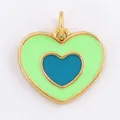 Blue and green enamel heart pendant with gold plated copper frame and circular hook - Green Turquoise Heart-L281424