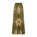 Detail of high-waisted wide-leg beach pants in olive green with beige geometric prints - One Size / Pants