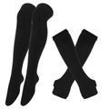 Gothic black knit thigh-high socks and matching fingerless gloves set for Halloween cosplay - One Size / Solid Black