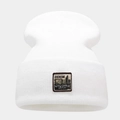 Detail of white ribbed knit beanie featuring vintage denim supplies woven label - M (56-58cm) / White