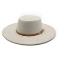 Minimalist beige suede fedora with brown leather band and gold chevron buckles - M (56-59cm) / Off-white Suede
