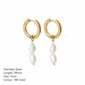 Boucles d'oreilles créoles dorées 18K en acier inoxydable avec doubles perles baroques - Style Long Pendant Double Perle (TE19211) / Or