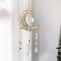 Golden moon sun catcher with natural aquamarine stones and rainbow crystal prisms - Amazonite