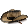Gradient straw cowboy hat with a brown leather band and decorative bronze floral buckle - M (56-58cm) / Khaki Black Gradient