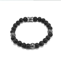 Vintage volcanic stone bead bracelet with engraved silver steel charms for men - Lava Stone