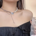 Elegant pearl necklace with silver butterfly pendant and tassel for women stylish look - Light Blue Butterfly Artificial Pearl Patchwork Necklace (X3681) / Silver