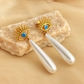 Orecchini occhio di Allah con perla blu e lunghe perle a goccia bianche placcati oro 18K - Stile Perla a Goccia Lunga (RS-YS349)