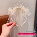 Elegante beige kroon haardband voor meisjes met parels, strassteentjes en een 40 cm lange sluier - Model 2# / Sluier Lengte 40cm / Beige Kroon Hoofdband Sluier