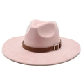 Detail of pink wide brim fedora hat with brown braided band and silver metal buckle - M (56-59cm) / Pink (Suede)