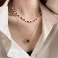 Collier double épaisseur doré avec perles colorées et pendentif œil de tigre en cœur - 9# Ensemble Deux Pièces Pendentif Coeur Or