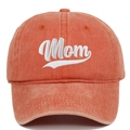 Detail of coral washed cotton baseball cap with white Mom embroidery texture - Orange (Mom)