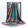 Bohemian paisley satin silk scarf in peacock green and red draped on a metal frame - 90x90cm / Teal