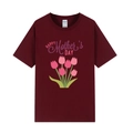 Burgundy Mother's Day t-shirt featuring pink tulip print and Happy Mother's Day text - XS / Tulip Print / Burgundy