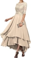 Detail of floral lace embroidery on champagne dress with elegant sheer mesh sleeves - US 12 / Top And Bottom / Champagne