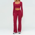 Set yoga bordeaux da donna con top a maniche lunghe e leggings svasati con vita a V - Taglia S / Top E Pantaloni / Manica Lunga + Pantaloni a Zampa / rosso ciliegia
