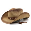 Vintage western cowboy straw hat with studded leather band and adjustable drawstring - M(56-58cm) / Khaki Coffee Gradient