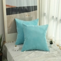 Turquoise corduroy velvet cushion covers on lace tablecloth in bright natural lighting - 40x40cm / Aqua