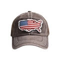 Makro-Detail des Vintage-Patches mit US-Flagge auf einer Mesh-Trucker-Baseball-Kappe - Einheitsgröße / Kaffeebraun