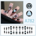 Uñas postizas Y2K negras y grises con estrellas y corazones, set completo de 24 piezas - Estilo Corazón Estrella Degradado Negro Gris (A782)