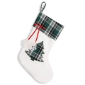White faux fur Christmas stocking with green plaid tree pattern and red ribbon bow accent - Green Christmas Tree