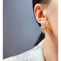 Elegant light gold flower earrings with translucent blue petals and zircon accents - White