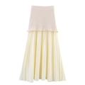 Detail of beige elastic ruched waist with ruffles on a layered pleat maxi skirt - S / Bottoms / Apricot