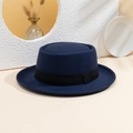 Detailed close-up of a navy wool flat top boater hat with a black grosgrain ribbon band - M (56-58cm) / Navy Blue