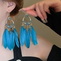 Bohemian style long drop earrings with blue feathers and inset turquoise gems - Blue (15# Ear Hook-Gold)