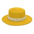 Flat top ginger yellow straw sun hat with elegant pearl band for women outdoor beach wear - Yellow