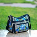 Ethnic black canvas shoulder bag with blue peony embroidery and multi-zipper pockets - Apple Blossom Blue