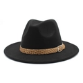 Classic black wide-brim fedora hat with brown leather woven band and metal buckle - M (56-58cm) / Black