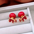 Macro detail of 18K gold plated horse stud earrings with red enamel and pearl accent - Red Horse (S925 Pin Gold Plated)