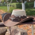 Two-tone cowboy straw hat with brown and beige weave and metal bull head ornaments - M (56-58cm) / Dark Coffee