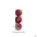 Set di tre palline di Natale in velluto bordeaux da 6 cm con decori dorati glitterati - Set di 3 / Palla floccata rosso vino da 6 cm