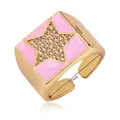 Pink enamel star ring with micro-pave zircons and golden copper adjustable band - Pink - Star