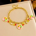 Golden chain bracelet featuring colorful citrus fruit charms and sparkling crystals - Orange Style (B1594)