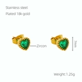 18k gold plated stainless steel heart stud earrings with green zircon 7mm size - Peacock Green Zirconia